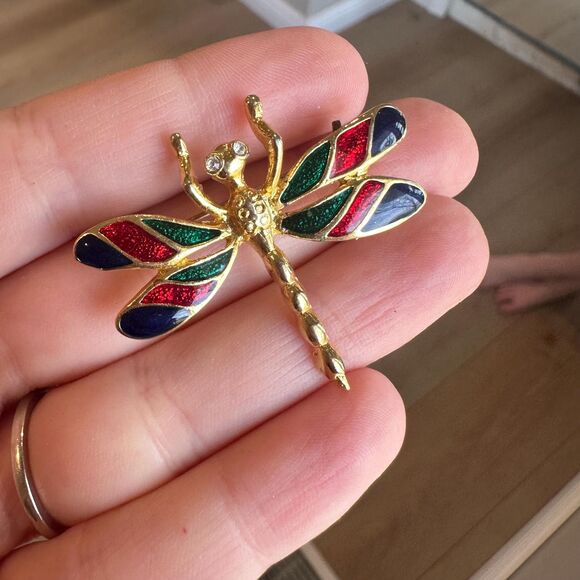 Vintage Dragonfly Brooch Pin Gold Tone Enamel - Picture 2 of 3